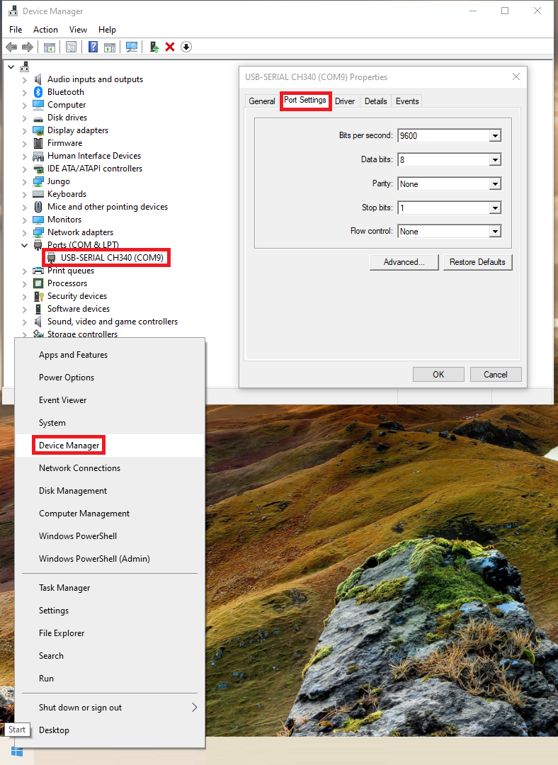 Windows Device Manager USB-SERIAL CH340 COM9 Port Settings Layout